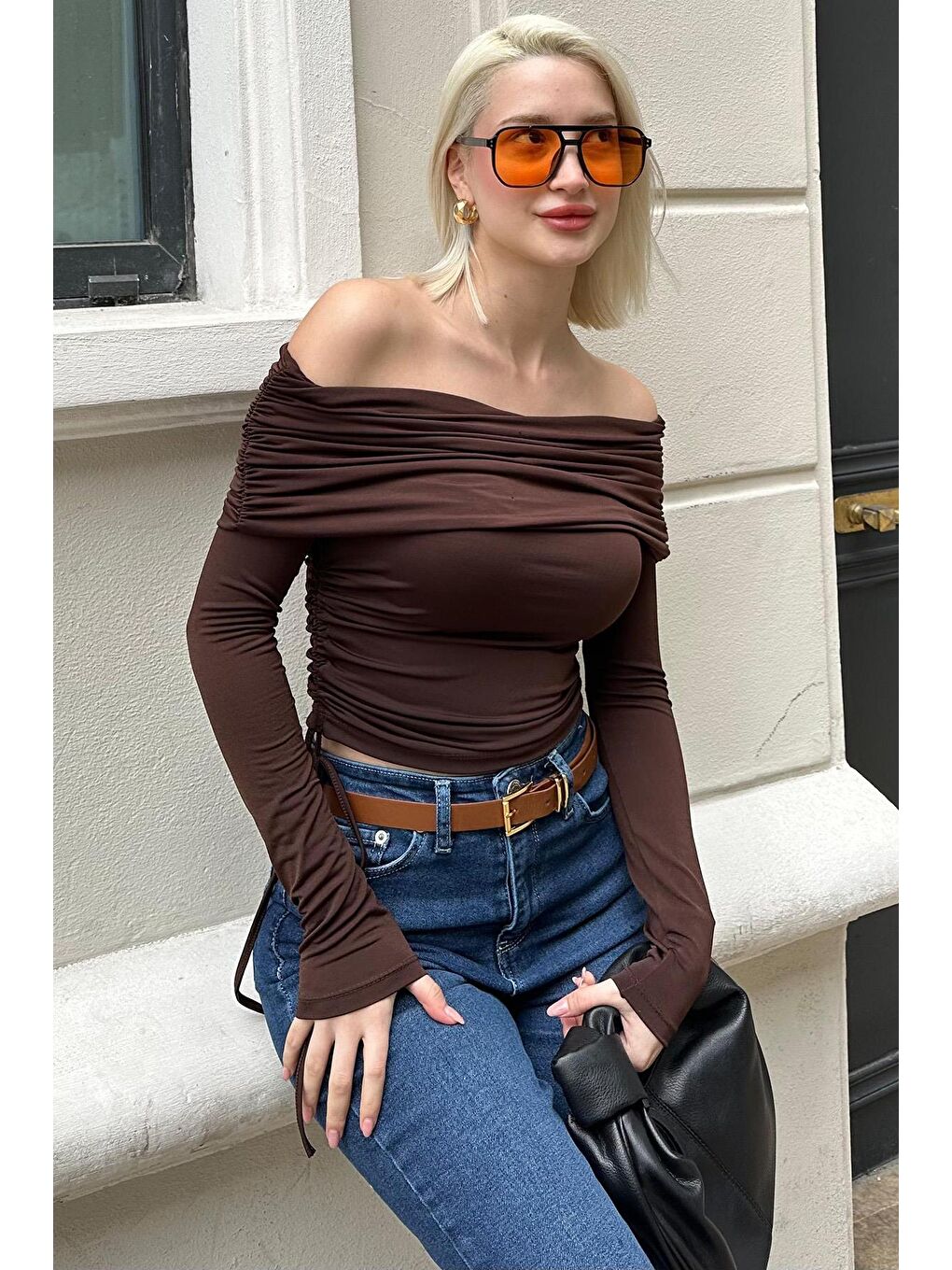 Kahverengi Büzgülü Kayık Yaka Kadın Bodysuit Mg2250-2