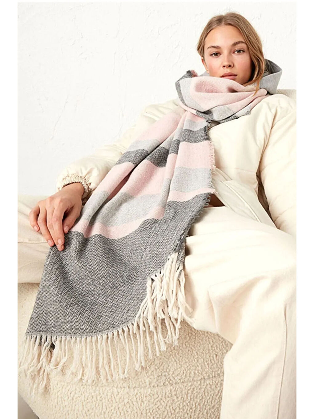 Gri Desenli Atkı Omuz Şalı 69x200 cm 1105 Pembe-3