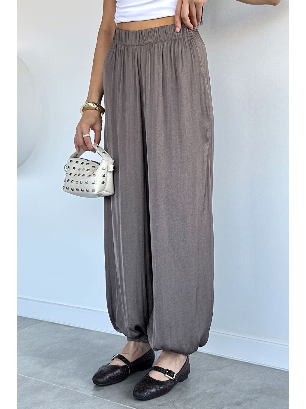 Bej Kadın Bel Ve Paça Lastikli Şalvar Model Pantolon-1