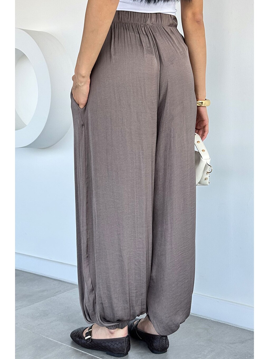 Bej Kadın Bel Ve Paça Lastikli Şalvar Model Pantolon-3