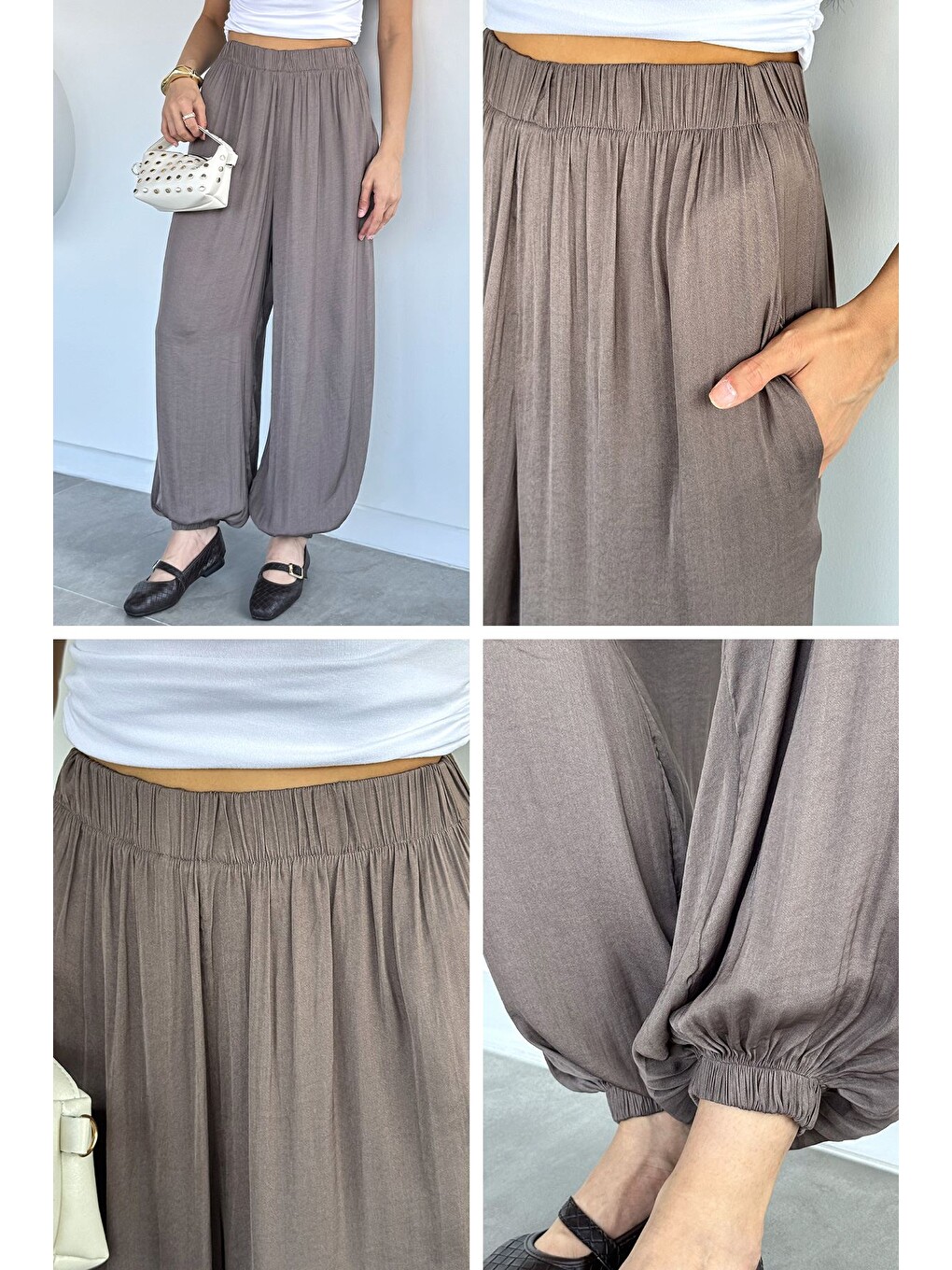 Bej Kadın Bel Ve Paça Lastikli Şalvar Model Pantolon-4