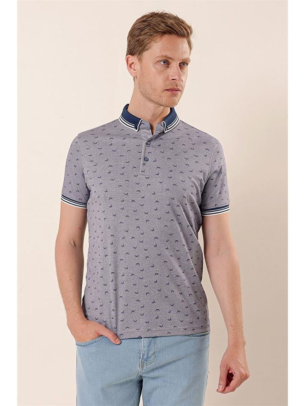 Lacivert Kısa Kollu Baskılı  Casual Slim Fit Dar Kesim Tişört 1011230151