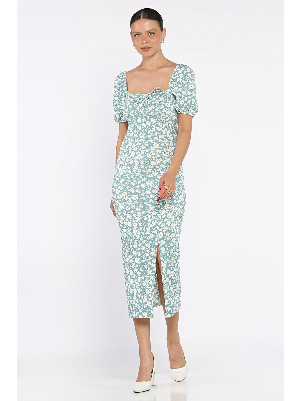 Yeşil Yırtmaçlı Balon Kol Kadın Desenli Elbise-1