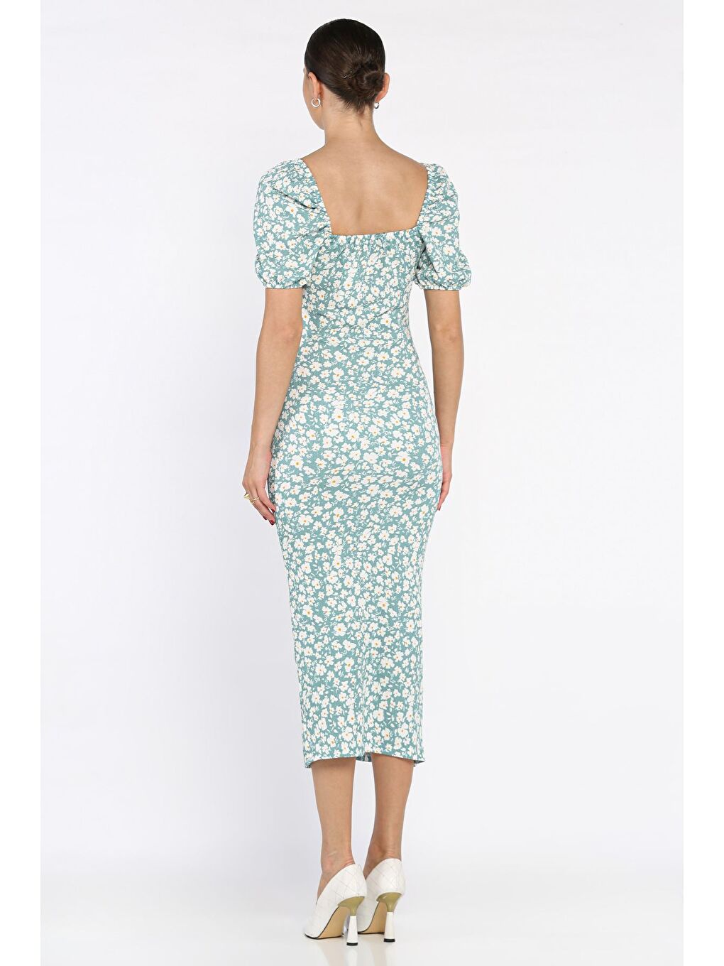 Yeşil Yırtmaçlı Balon Kol Kadın Desenli Elbise-2