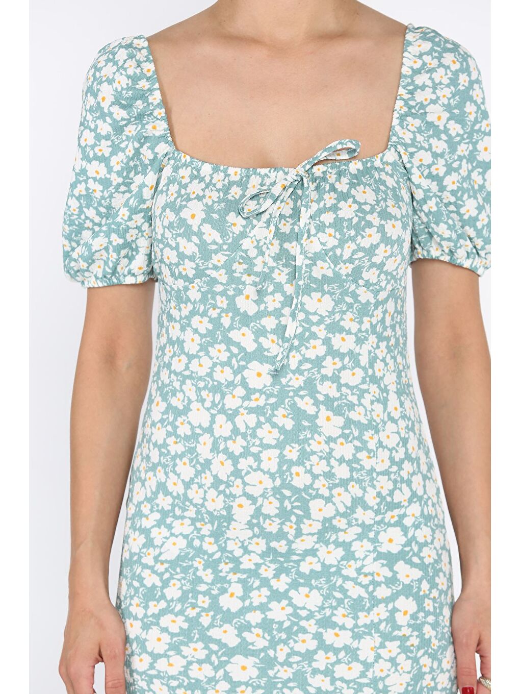 Yeşil Yırtmaçlı Balon Kol Kadın Desenli Elbise-3