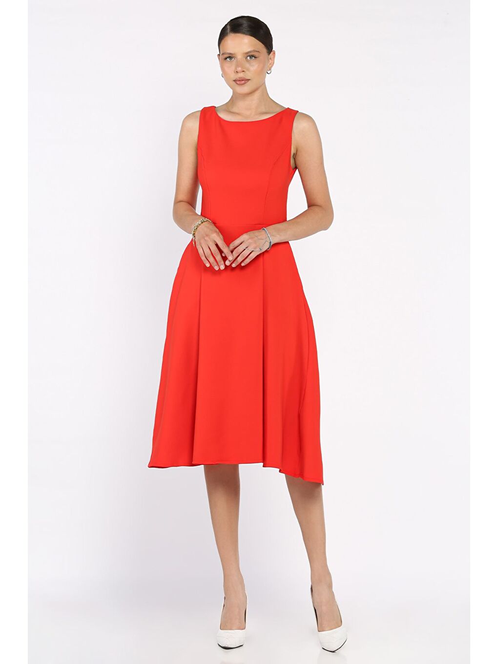 Kırmızı Kadın Fermuarlı Cepli Kolsuz Elbise-1