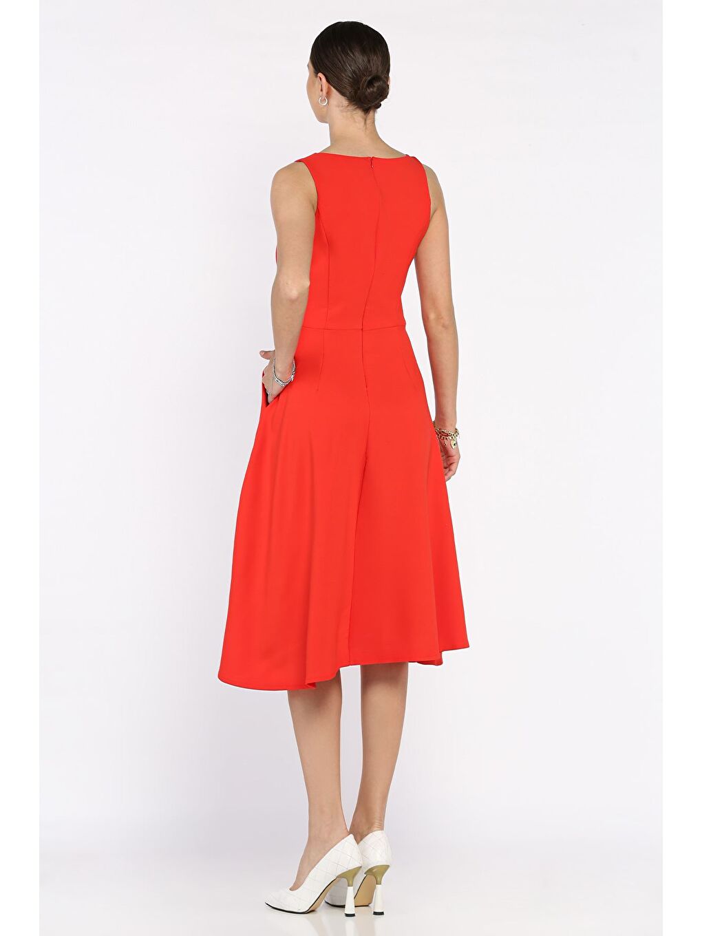 Kırmızı Kadın Fermuarlı Cepli Kolsuz Elbise-2