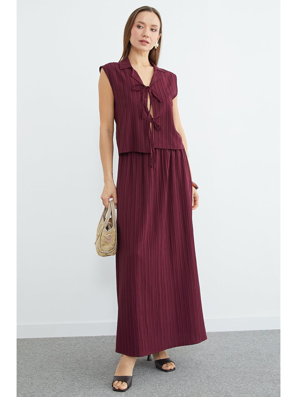 Bordo Önü Bağlamalı Jakarlı Etekli 2 Li Takım-1