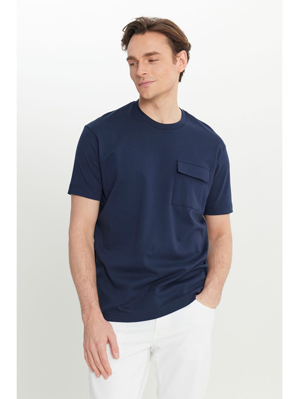 Erkek Lacivert %100 Pamuk Modern Fit Bisiklet Yaka Basic Tişört-2