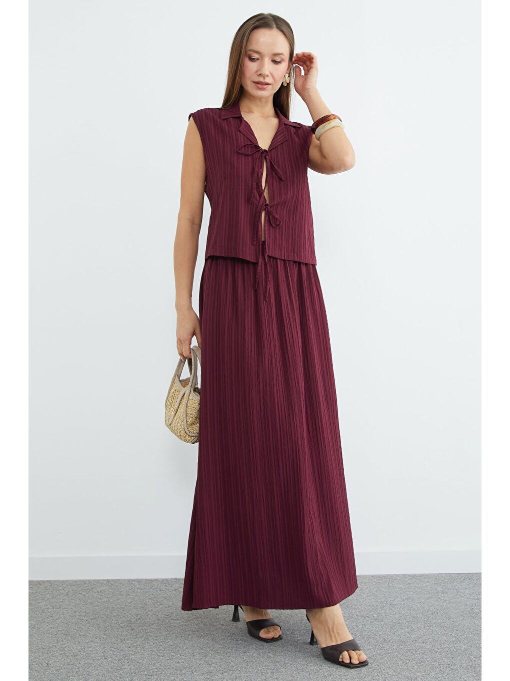 Bordo Önü Bağlamalı Jakarlı Etekli 2 Li Takım-3