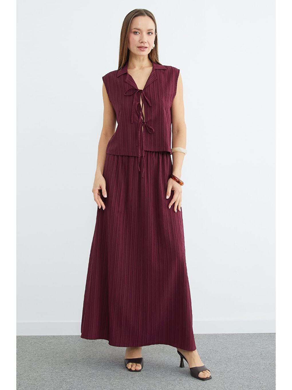 Bordo Önü Bağlamalı Jakarlı Etekli 2 Li Takım-4