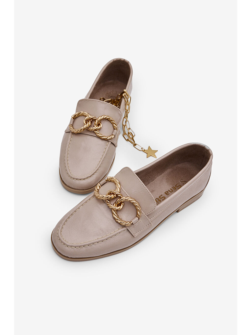 Kadın Bej Kadın Deri Loafer Toka Detaylı Rahat Günlük Babet-1