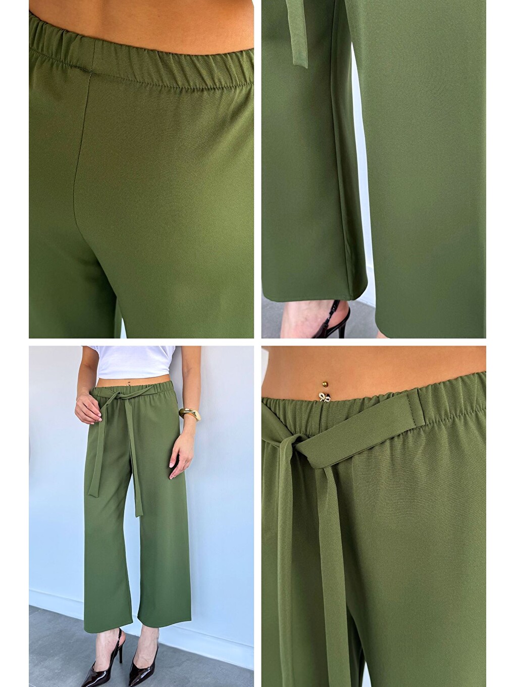 Yeşil Kadın Bel Bağlamalı Bol Paça Pantolon-1