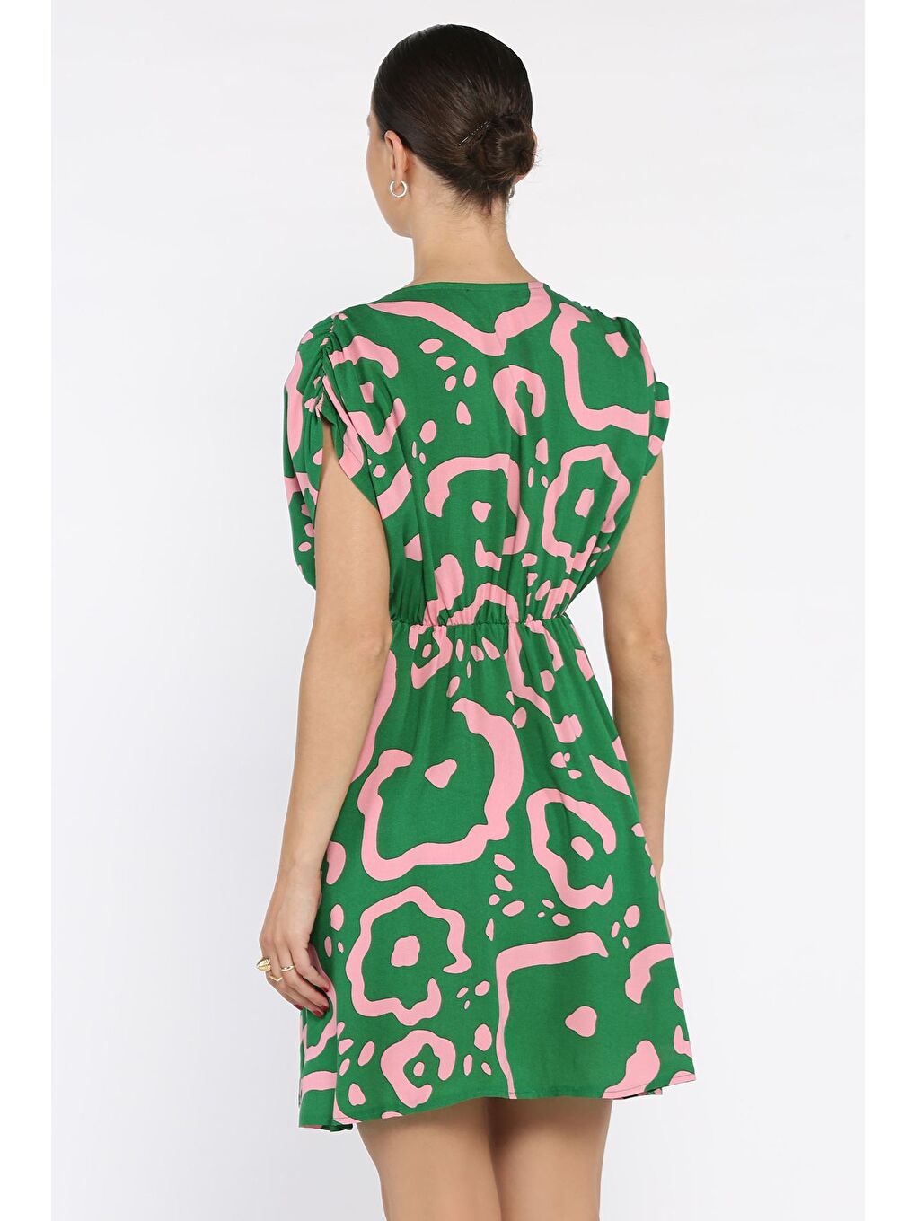 Yeşil Desenli Kruvaze Yaka Bel Lastikli Kadın Mini Elbise-2