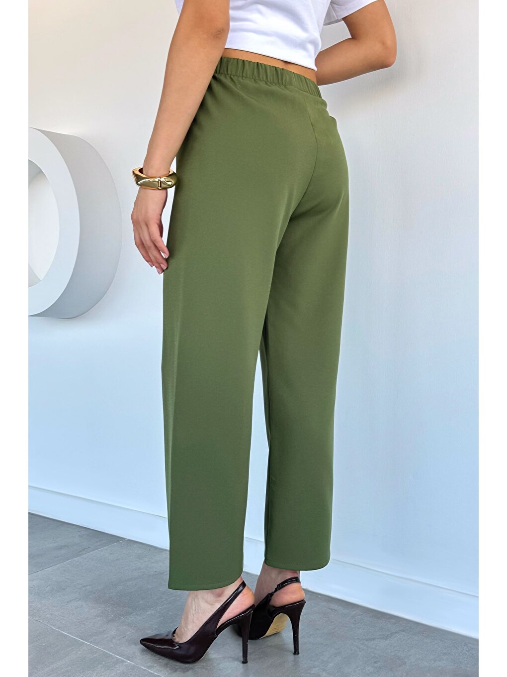 Yeşil Kadın Bel Bağlamalı Bol Paça Pantolon-3