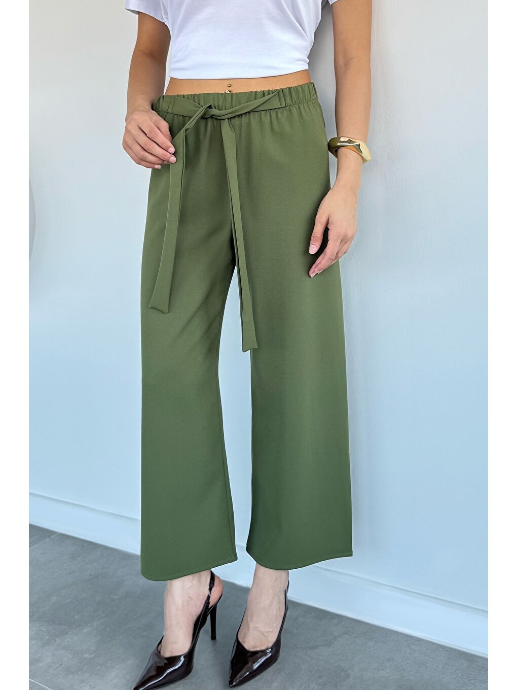 Yeşil Kadın Bel Bağlamalı Bol Paça Pantolon-4