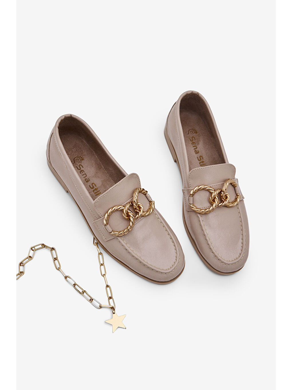 Kadın Bej Kadın Deri Loafer Toka Detaylı Rahat Günlük Babet-3