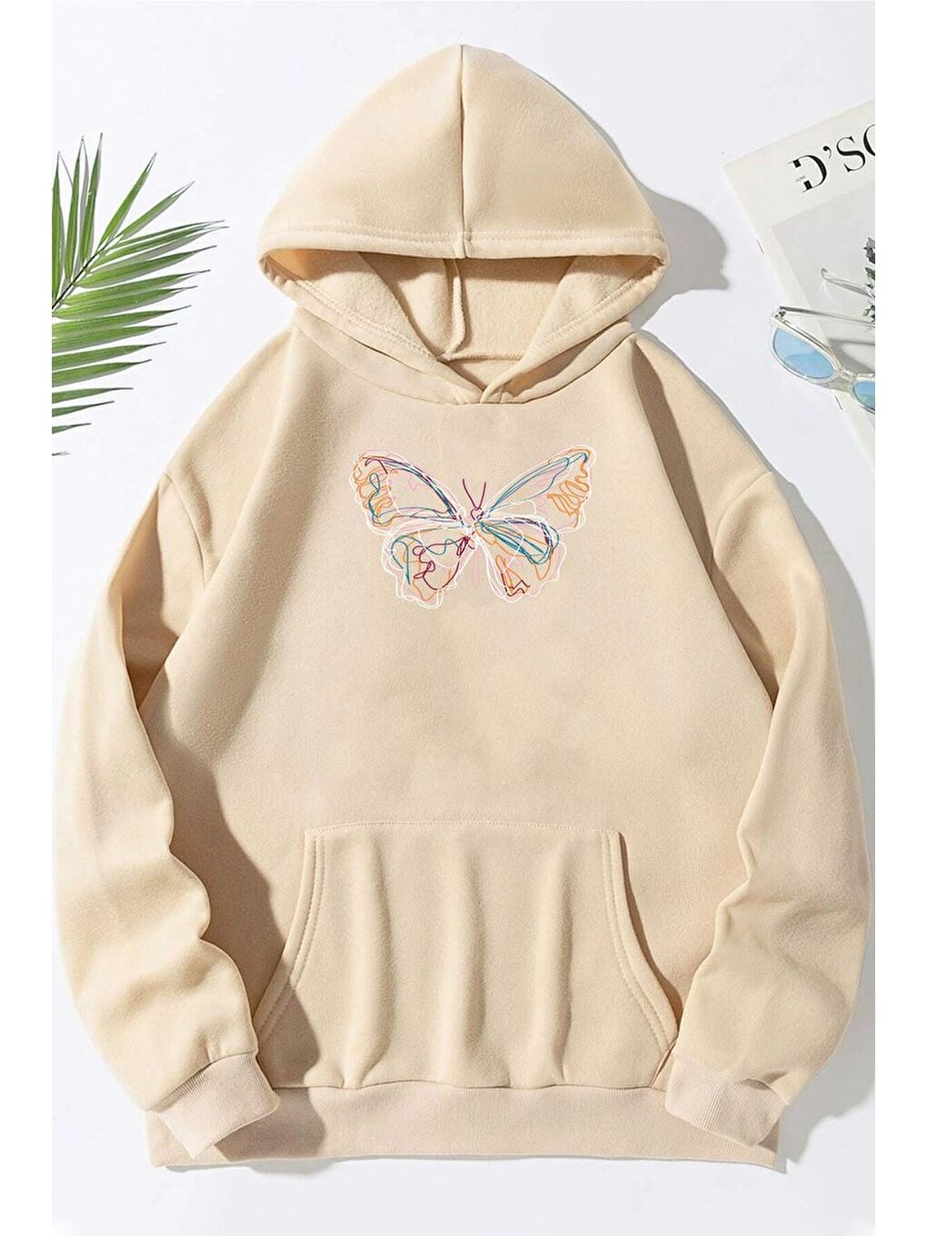 uyguntarz Bej Unisex Butterfly Baskılı Sweatshirt