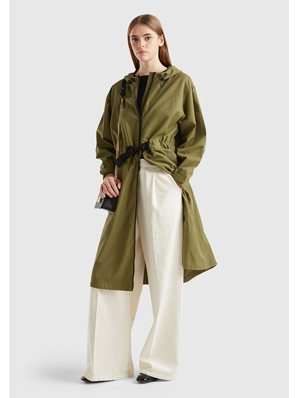 Kadın Haki Beli Büzgü İpli Kapüşonşlu Trençkot-2