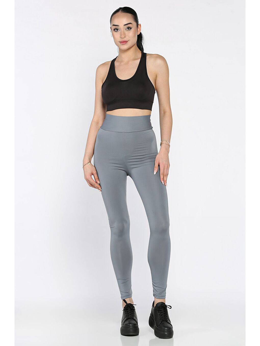 Gri Yüksek Bel Elastanlı Tayt