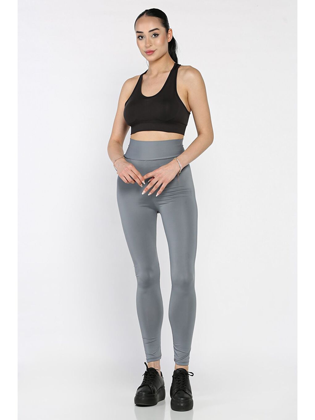 Gri Yüksek Bel Elastanlı Tayt-1