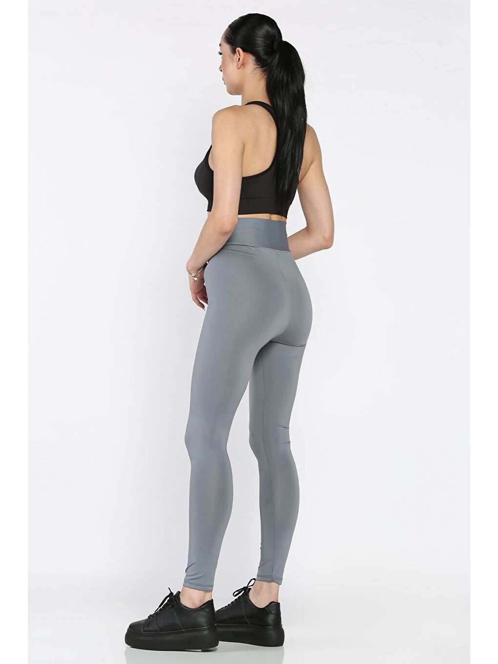 Gri Yüksek Bel Elastanlı Tayt-2