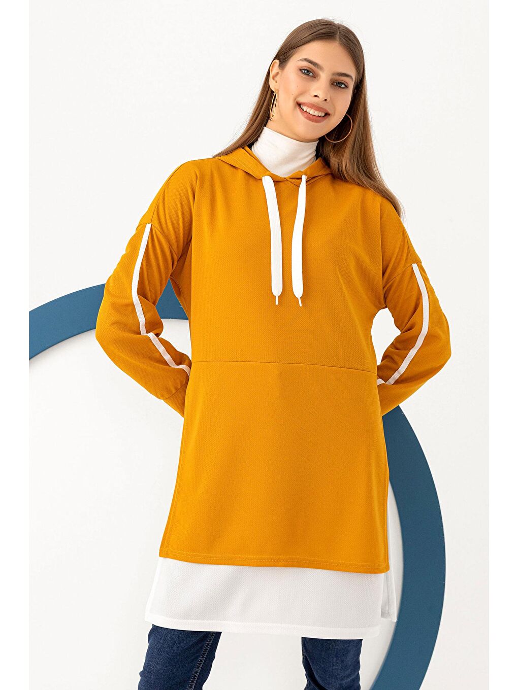 Kapüşonlu Yaka Kadın Sarı Garnılı Tunık - 3242-1