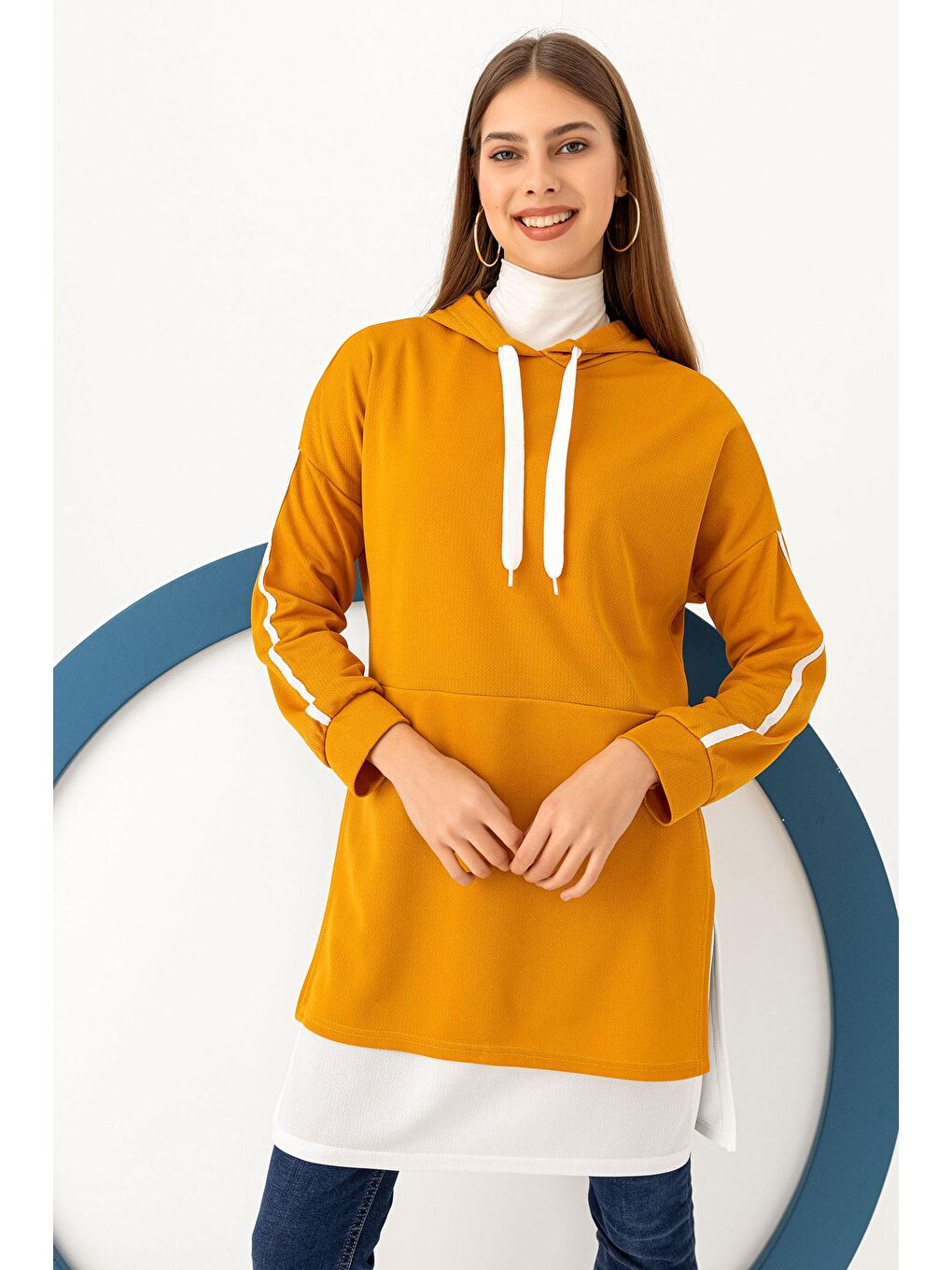 Kapüşonlu Yaka Kadın Sarı Garnılı Tunık - 3242-3