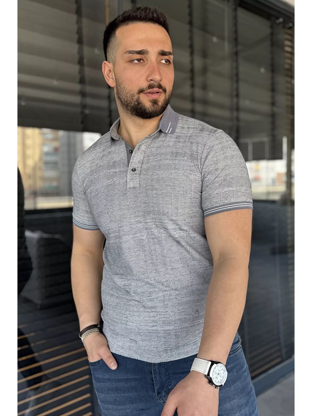 Gri Polo Yaka Ön Düğmeli Desenli Elastanlı Erkek Büyük Beden Tişört
