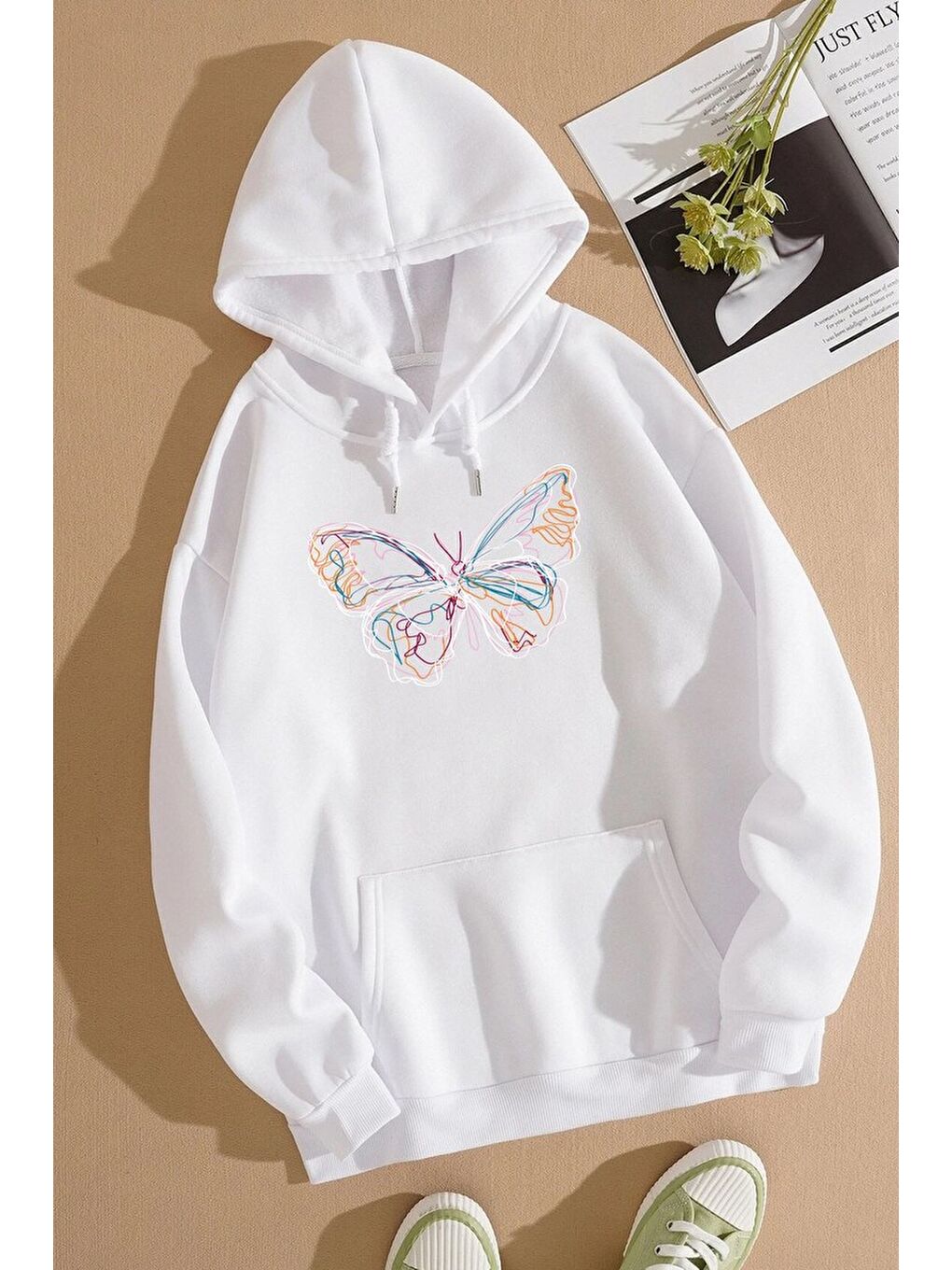 uyguntarz Beyaz Unisex Butterfly Baskılı Sweatshirt