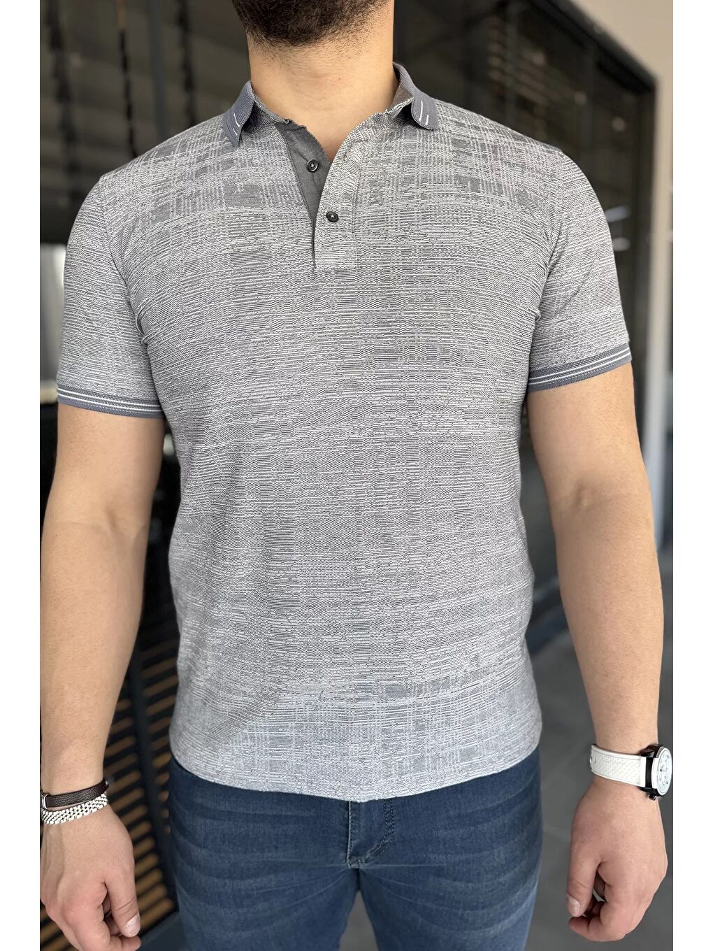 Gri Polo Yaka Ön Düğmeli Desenli Elastanlı Erkek Büyük Beden Tişört-3