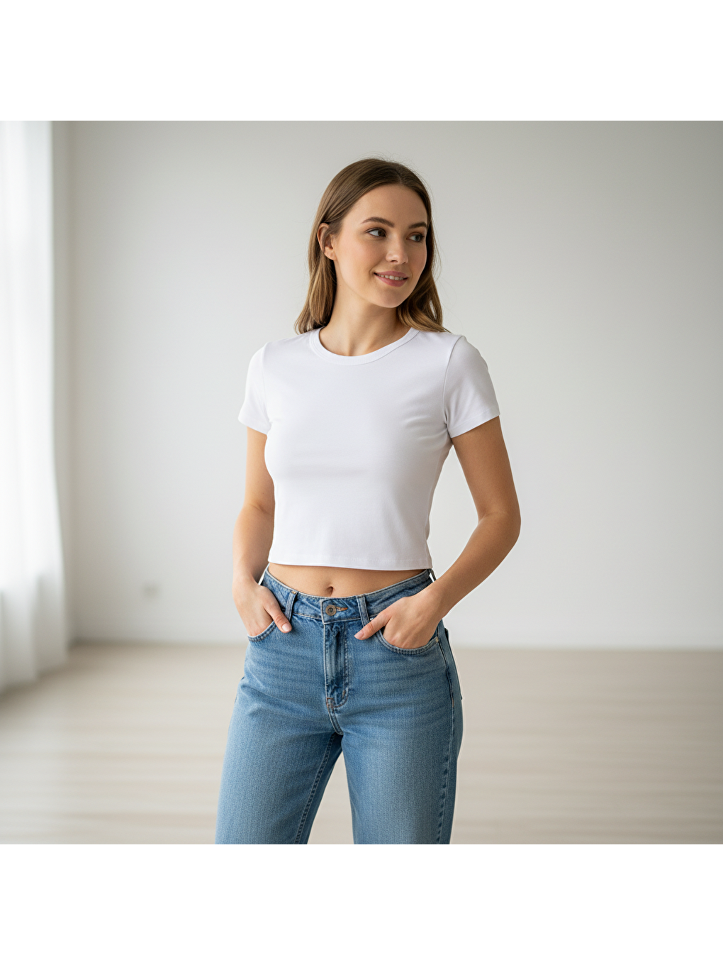 Beyaz Kadın Bisilet Yaka Kısa Kollu Basic Tshirt Bb2497-1