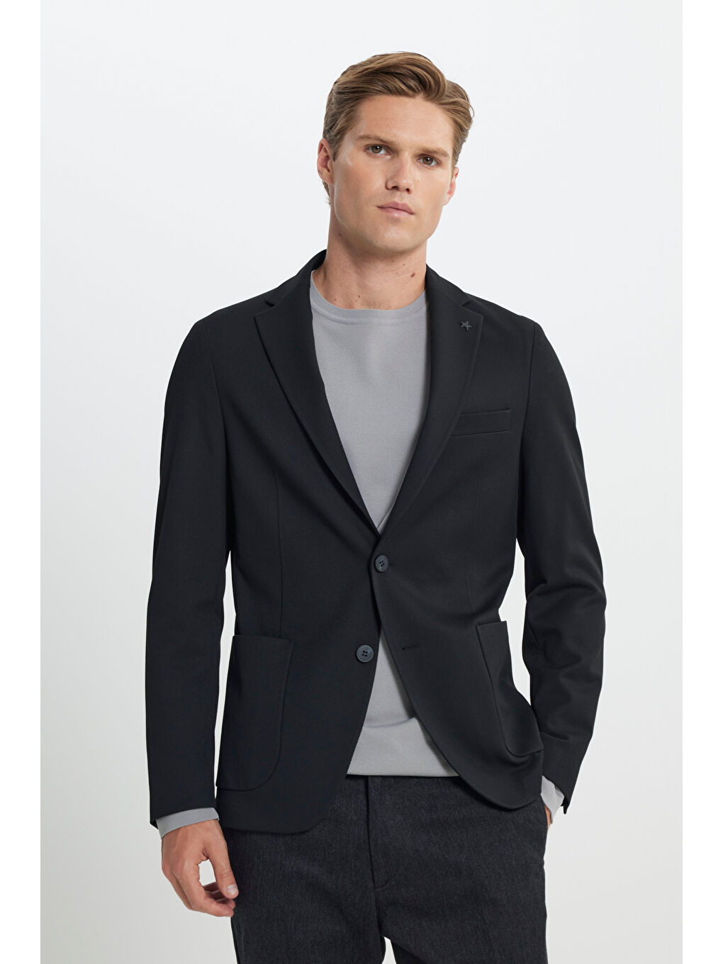 Erkek Siyah Slim Fit Dar Kesim Mono Yaka Beli Bağlamalı Diagonal Desenli Torba Cepli Takım Elbise-2