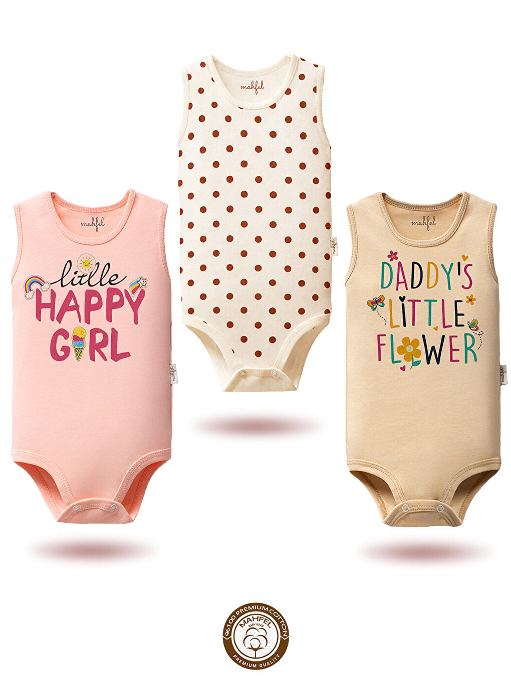 Bej 3'Lü Kız %100 Pamuklu Atlet Çıtçıtlı Bebek Body Zıbın 133-335