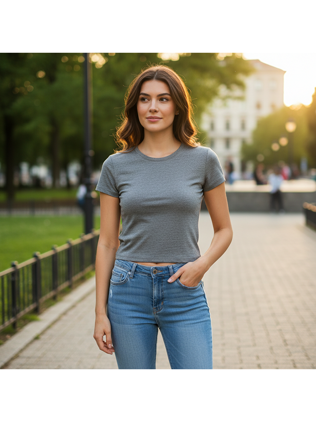 Gri Kadın Bisilet Yaka Kısa Kollu Basic Tshirt Bb2497-1