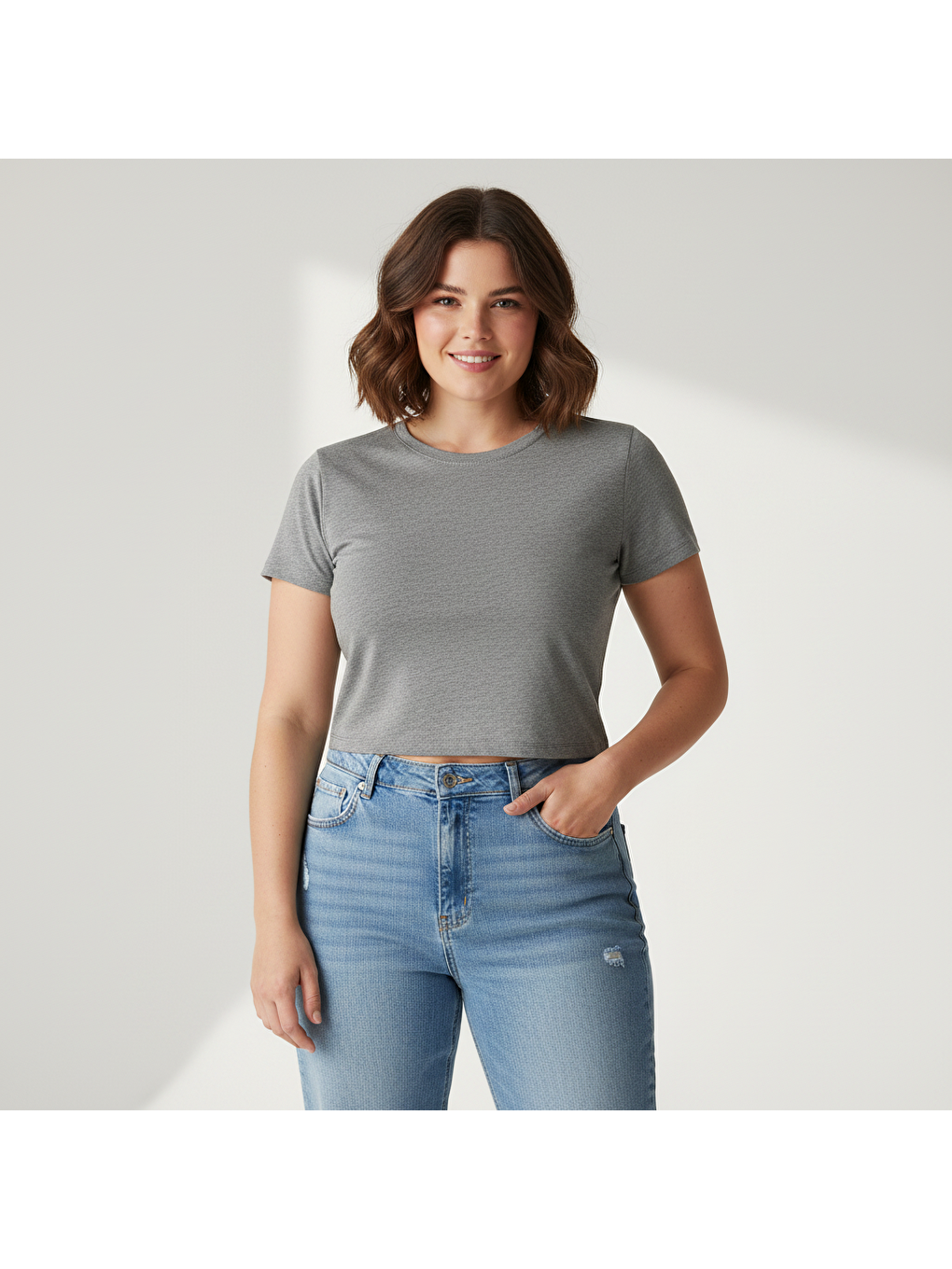 Gri Kadın Bisilet Yaka Kısa Kollu Basic Tshirt Bb2497-2