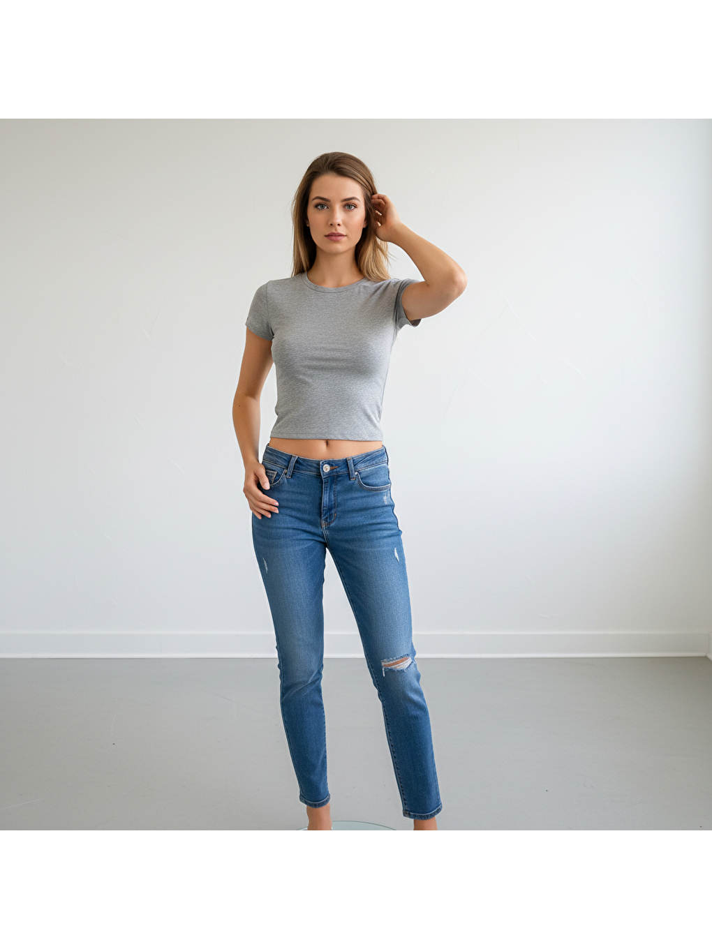 Gri Kadın Bisilet Yaka Kısa Kollu Basic Tshirt Bb2497-3