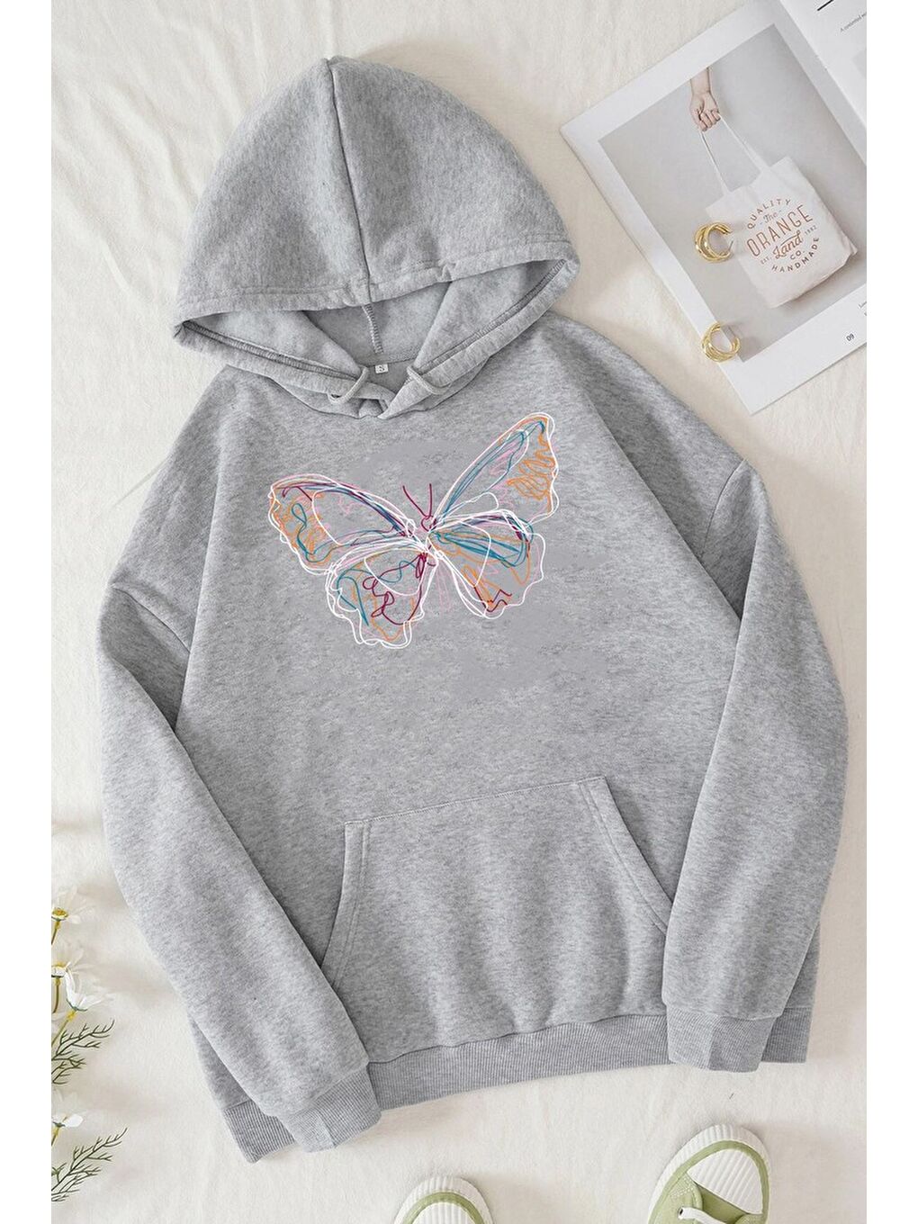 uyguntarz Gri Unisex Butterfly Baskılı Sweatshirt