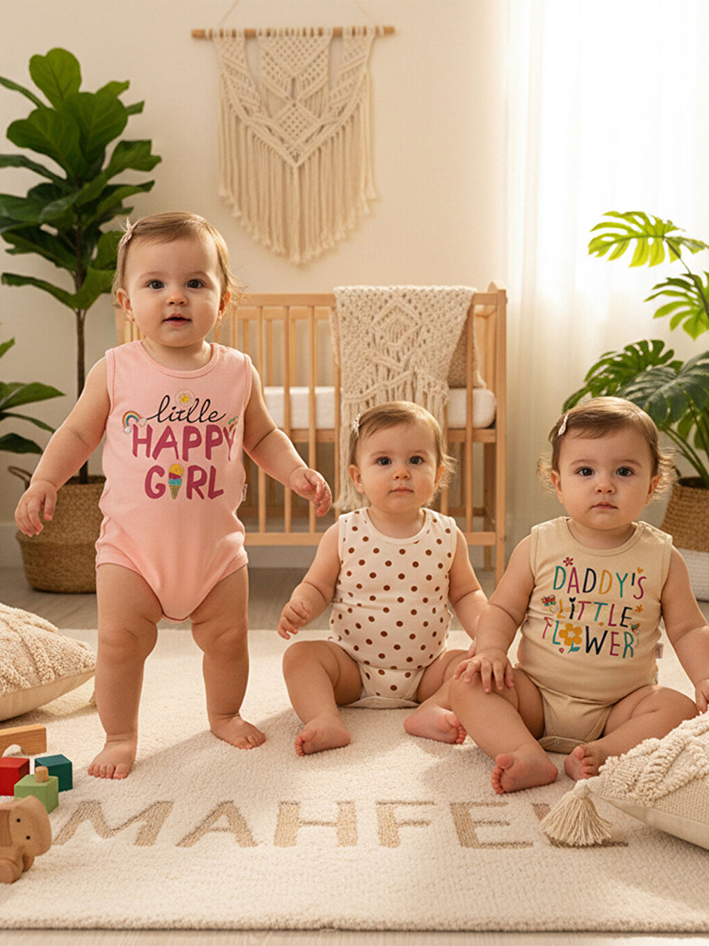 Bej 3'Lü Kız %100 Pamuklu Atlet Çıtçıtlı Bebek Body Zıbın 133-335-1