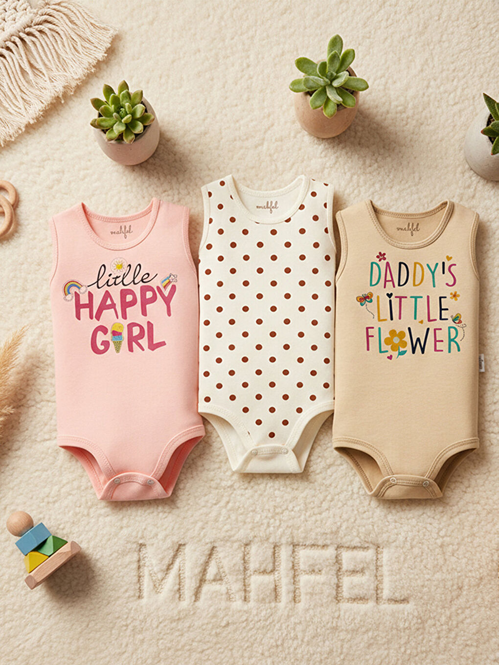 Bej 3'Lü Kız %100 Pamuklu Atlet Çıtçıtlı Bebek Body Zıbın 133-335-2