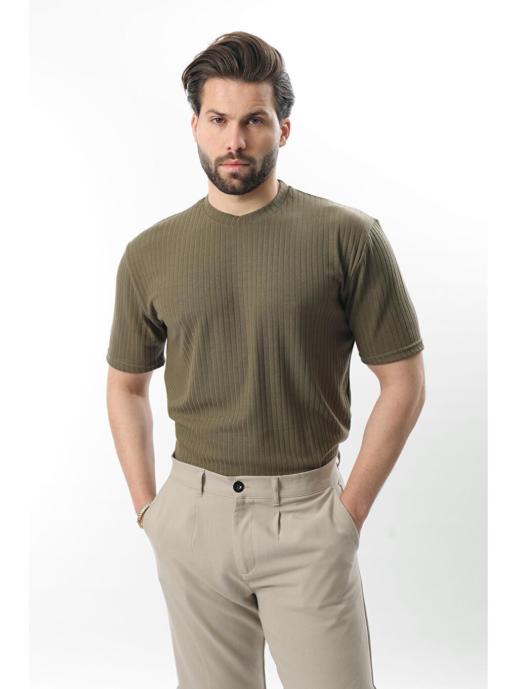 Haki Dokulu Çizgi Tasarım Bisiklet Yaka Erkek Tişört E7122