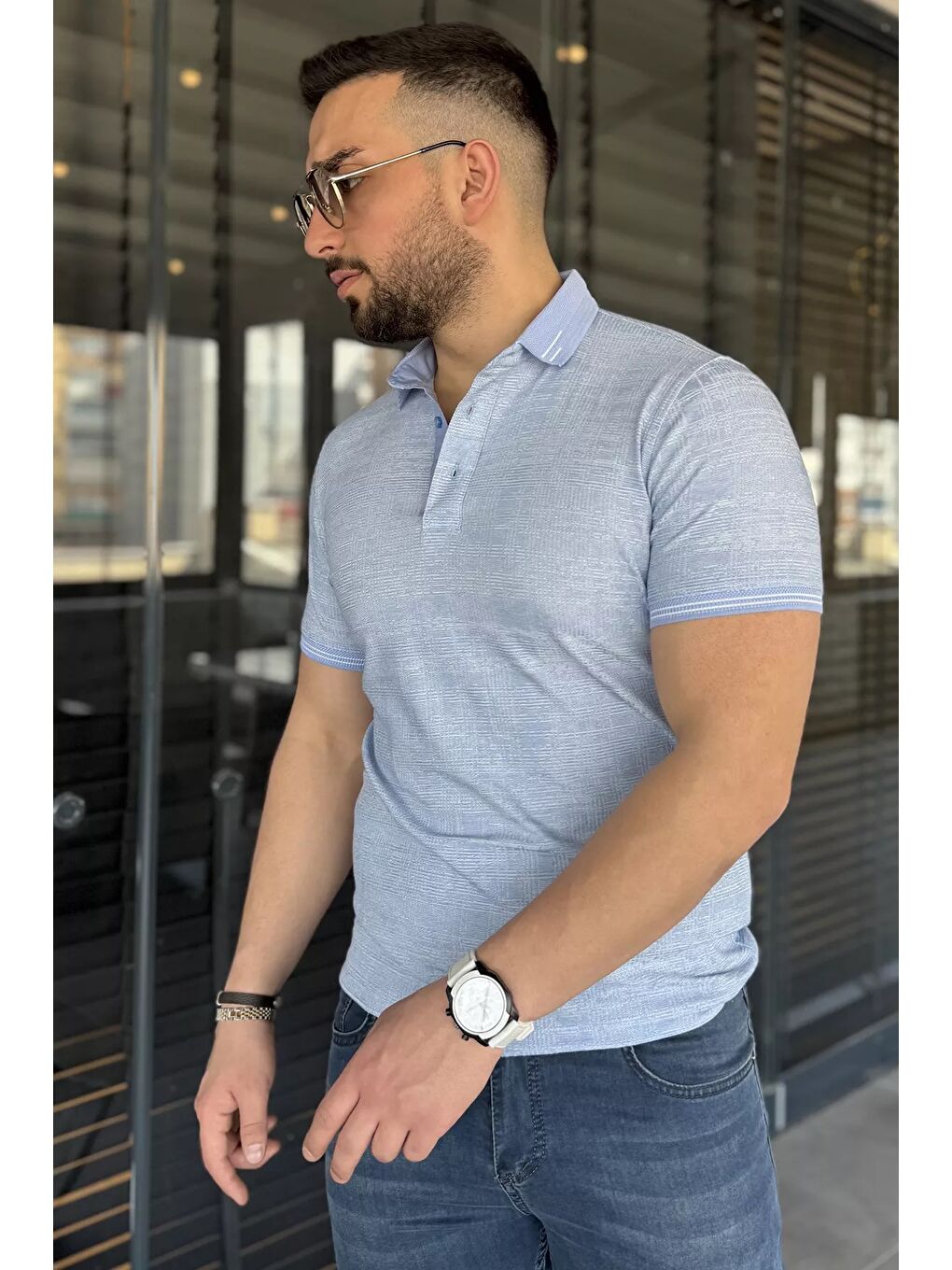 Mavi Polo Yaka Ön Düğmeli Desenli Elastanlı Erkek Büyük Beden Tişört-1