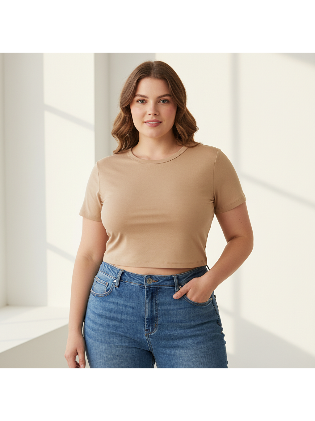 Bej Kadın Bisilet Yaka Kısa Kollu Basic Tshirt Bb2497-1