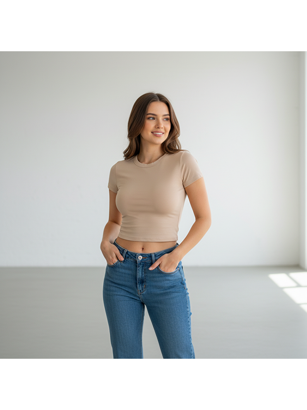Bej Kadın Bisilet Yaka Kısa Kollu Basic Tshirt Bb2497-2