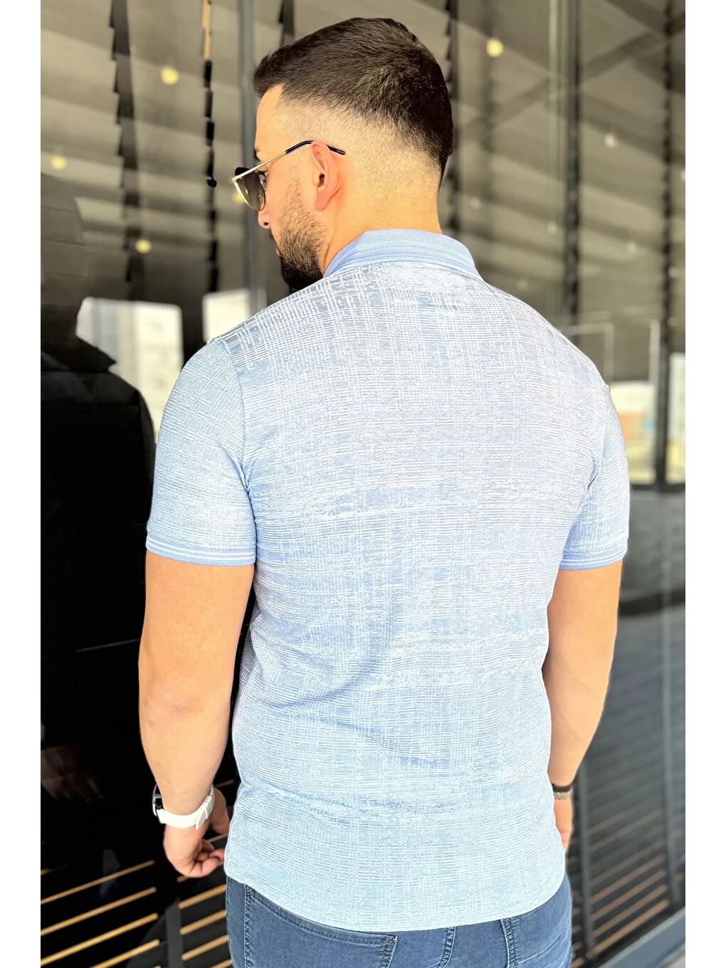 Mavi Polo Yaka Ön Düğmeli Desenli Elastanlı Erkek Büyük Beden Tişört-2