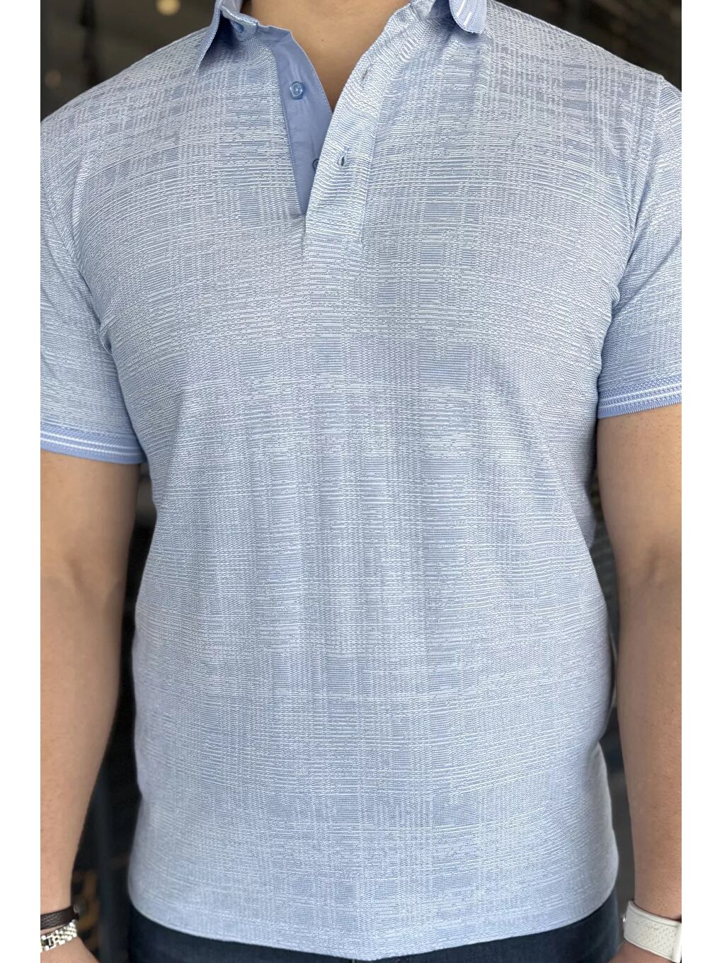 Mavi Polo Yaka Ön Düğmeli Desenli Elastanlı Erkek Büyük Beden Tişört-3