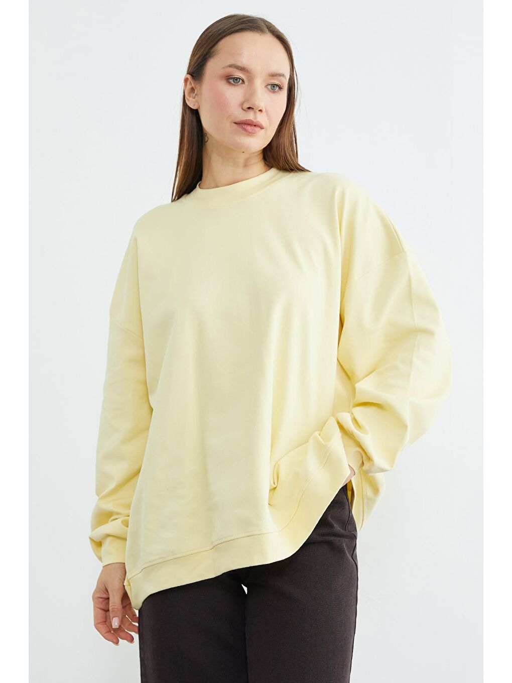 Sarı Basic Bisiklet Yaka Oversize Sweatshirt-4