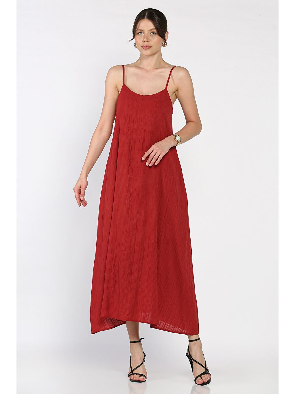 Bordo Kadın Ayarlanabilir Askılı Bol Kesim Elbise-1