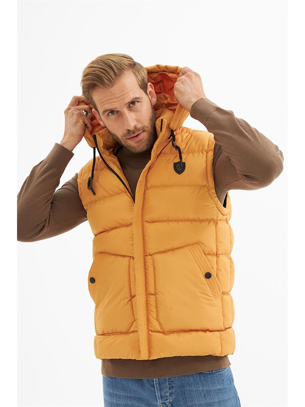 Sarı Erkek Çıkarılabilir Kapüşonlu Cep Detaylı Şişme Yelek Hardal