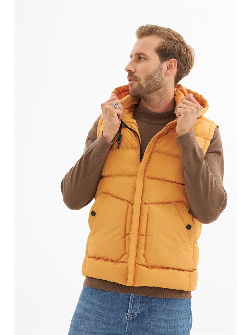 Sarı Erkek Çıkarılabilir Kapüşonlu Cep Detaylı Şişme Yelek Hardal-2